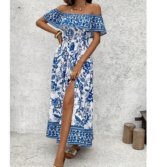 Boho Floral Print Ruffle Off Shoulder Split Thigh Maxi Dress - Picture 5 of 7